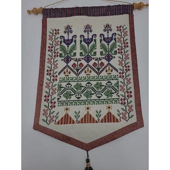 Handmade Cross-stitched Banner Wall Hanging Floral on Dowell Rod - Picture 2 of 5
